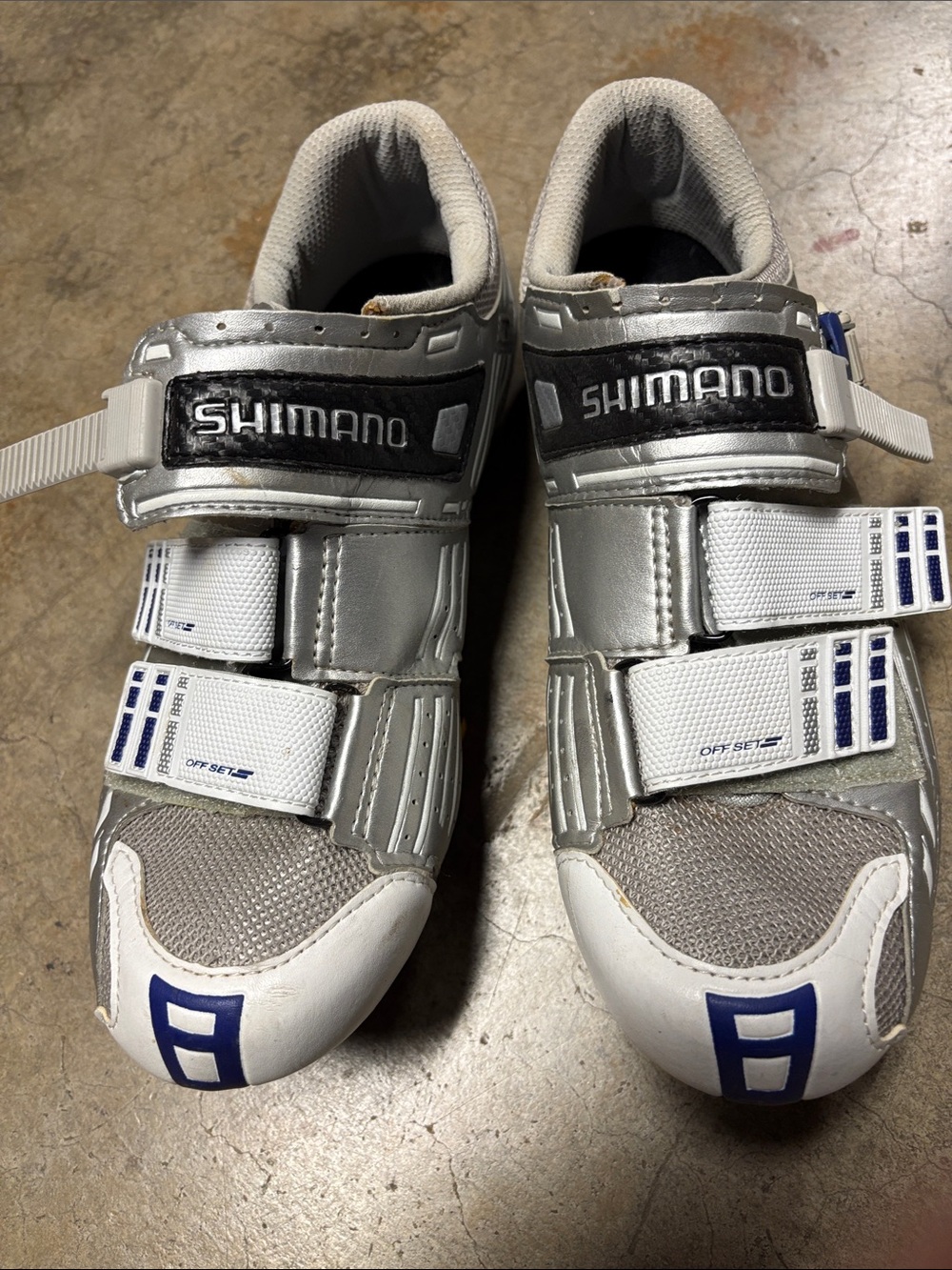 Shimano Men’s Silver and White Cycling Shoes with Blue Accents